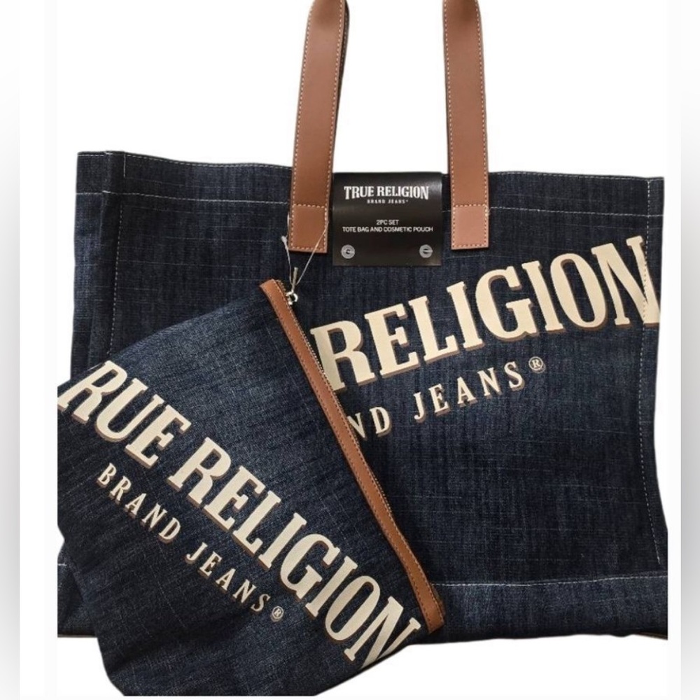 True Religion Large Denim Tote Bag & Cosmetic Pouch